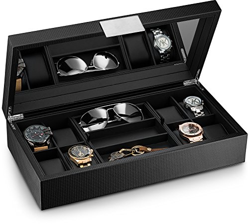 Glenor Co Watch And Sunglasses Box With Valet Tray For Men -14 Slot Luxury Display Case Organizer, Black Carbon Fiber Design For Mens Jewelry Watches, Men's Storage Holder W Large Mirror, Metal Buckle #TOP3