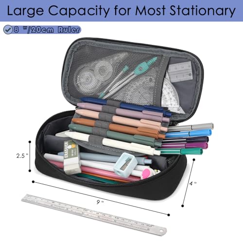 Image of FlowFly Large Capacity Pencil Case for Kids, Boys & Girls - Zippered Multi-Functional Pen Pouch, Soft & Portable Pencil Bag for School, Teens, Students, Black