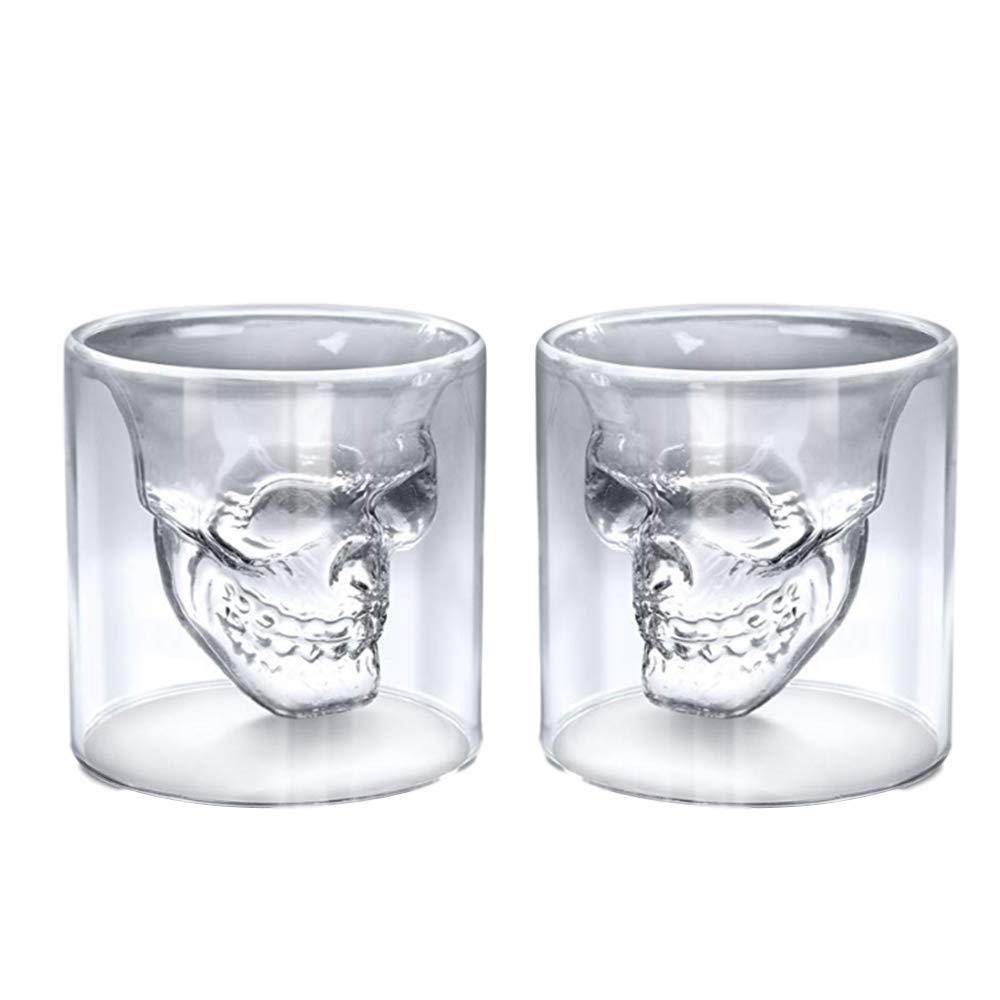 LARRY BELL Set of 2 Crystal Skull Shot Glasses, 8.8 oz Double Wall Glass Cup, for Cool Beer Wine Cocktail Vodka, Coffee Mug, Heat-resistant Milk Mug, Halloween Party Bar Cup 250ml