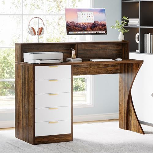 Image of Tribesigns Computer Desk with 5 Drawers, 47-Inch Home Office Desk with Monitor Stand and Printer Space, Modern Ergonomic PC Study Writing Table for Bedroom, Small Spaces, Rustic Brown & White