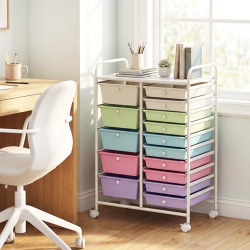 Image of LDAILY 15 Drawer Rolling Storage Cart, Rolling Cart with Drawers for Classroom, Art Supply Craft Organizer on Wheel with Metal Frame & Handles for Home Office School (Ice cream color, 15 Drawer)