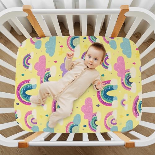 Image of Crib Sheet Breathable Soft Crib Mattress Sheet for Baby Toddler Boys Girls Fitted Pack n Play Crib Sheet Fit Standard Crib Mattress 52 x 28 Inch Cute Yellow Rainbow Cloud