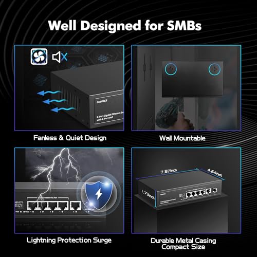 Image of 6 Port Gigabit PoE Switch, 4 POE+, 1 Uplink, 1 SFP, IEEE802.3af /at, Max 65W, VLAN & PoE Extend 250m, Fanless Plug & Play YuLinca Ethernet Switch