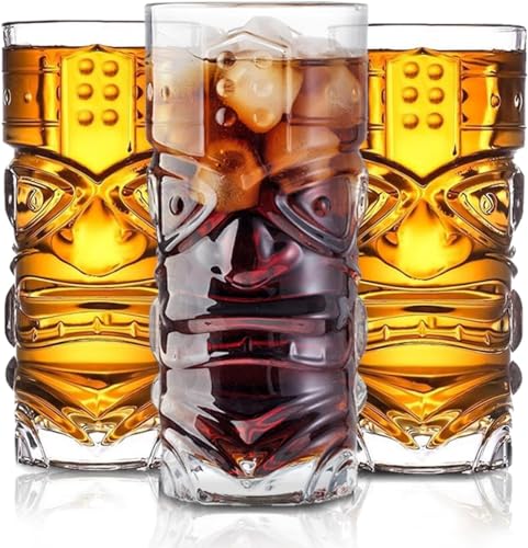 Image of Melbify Tikki Face Beer Glasses | Set of 12 | 350 ml | Long | Crystal | Tall Beer Glass | Highball | Serving for Beer, Cocktail, Mocktail | Drinking Glass