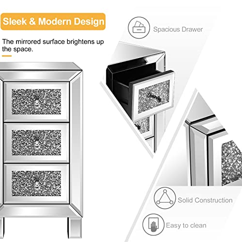Image of VINGLI 3-Drawer Mirrored Nightstand Bedside Table Glass Accent End Table, Fully Assembled, Silver