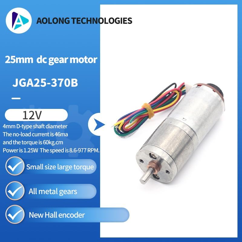 AOLONG JGA25-370B 12V 25mm 8.6-977RPM Diameter Micro DC Encoder Motor All Metal Gear - (Speed(RPM): 41, Voltage(V): 12V)