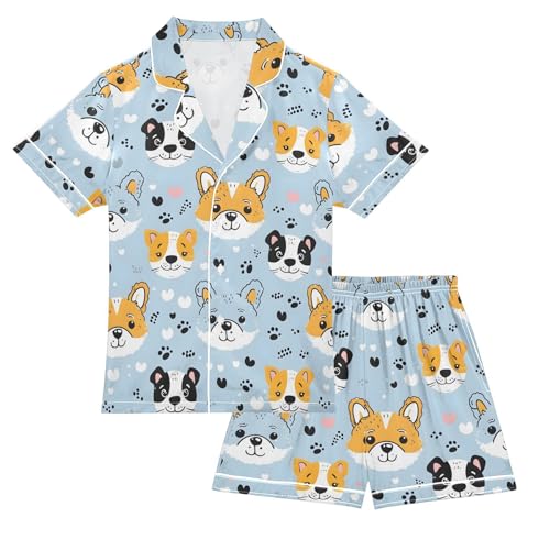 Cartoon Dog Heart Design Pajamas Set Summer Button Down Sleepwear Pjs Sets Comfy Loungewear