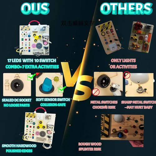 M.Zibos Montessori Busy Board with LED Lights - Wooden Sensory Toy for 1-4 Year Old Toddlers | 10 Switches, Music Box, Spinning, Gears & More | Eco-Friendly Learning Activity Board - Image 4