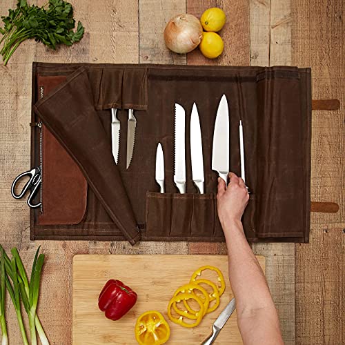 T-Roy Products- Knife Roll Bag Leather - Heavy Duty Leather Roll Bag - 10 Pockets - Zipper Pocket, Carry Strap - Blade Travel Storage/Case - Camping Accessories - Dark Brown - Image 5