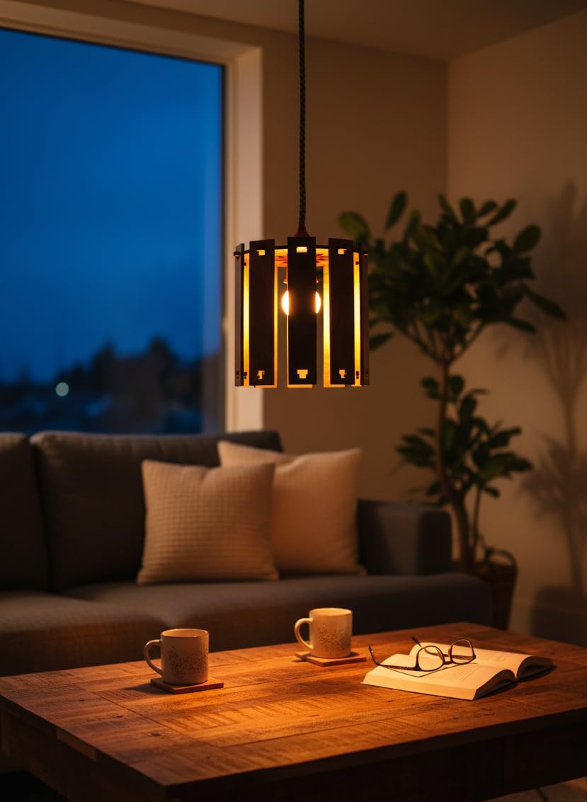 460 Fancy Ceiling Light | Modern Wooden Slat Pendant Lamp | Cylindrical Hanging Light Fixture | Decorative Ceiling Chandelier for Living Room/Cafe-image-26