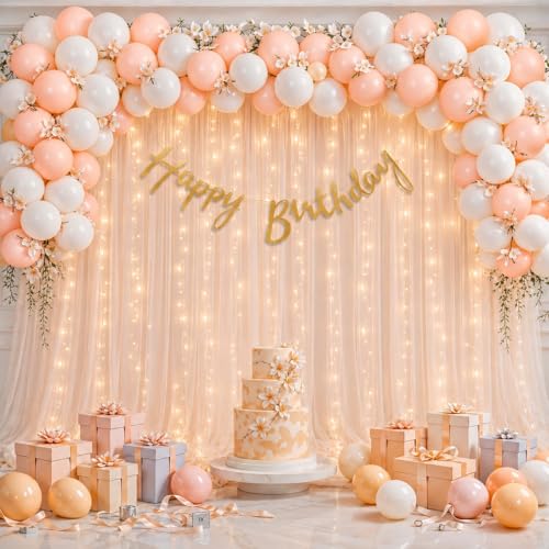 Image of Party Propz Happy Birthday Decoration Kit for Girls -46 Pcs, Birthday Decoration Items with Peach Curtains, Golden Happy Birthday Banner, Balloons for Birthday Decoration for Girls (Cardstock, Latex)