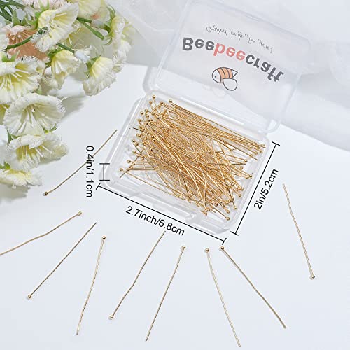 Beebeecraft 100Pcs/Box Ball Head Pins 18K Gold Plated Brass Ball Eye Pins 50Mm Jewelry Making Findings For Charm Beads Diy Making, Head: 2Mm #TOP6