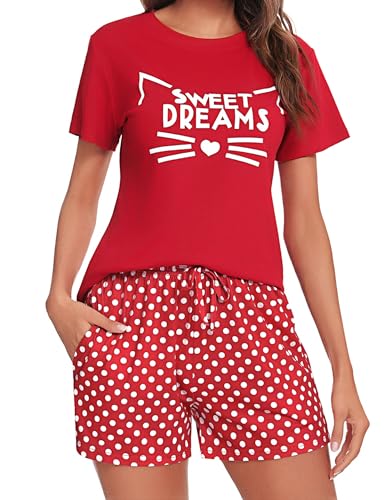 Uniexcosm Schlafanzug Damen Kurz Baumwolle Zweiteiliger Pyjama Set Kurzarm Nachtwäsche Wimperndruck Sleepwear Hausanzug Loungewear Stil 1:Rot XXL 1