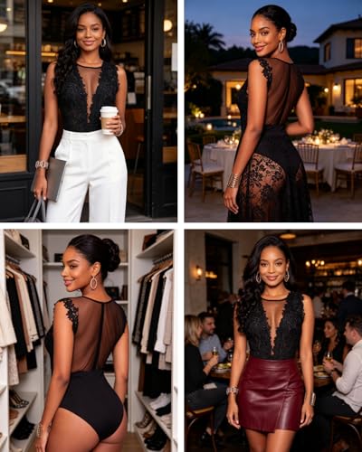 Image of RARITYUS Women Sexy Lace Bodysuit Jumpsuit See Through Mesh Sleeveless /Long Sleeve Tops Swimsuit for Party Outfit