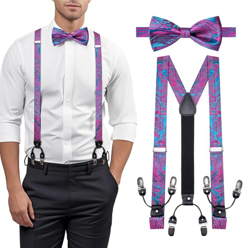 Image of YOHOWA Men Suspenders 6 Clips Strength Adjustable Y Braces Pre-Tied Bow Tie Set Formal Wedding Party