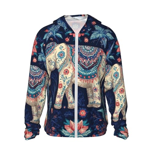 UPF 50+ Sun Protection Hoodie Long Sleeve Boho Elephant Sun Shirt Rash Guard Fishing Shirts for Men
