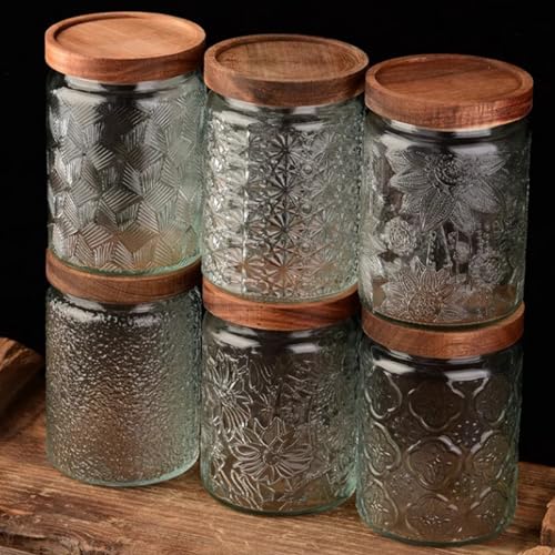 Image of Vintage Glass Jars with Wooden Lids, 6 Pack 24 oz Airtight Glass Food Storage Containers Sets for the Kitchen, Sugar Coffee Candy Spice Cookie Tea Pasta