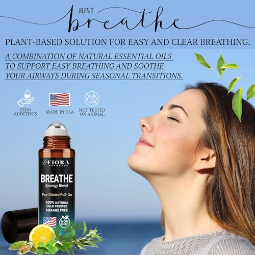 Image of Fiora Naturals Breathe Essential Oil Roll-On Blend - 100% Pure Eucalyptus, Peppermint & Tea Tree Oil Aromatherapy Blend. Therapeutic-Grade