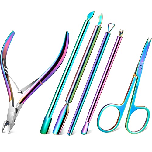 6 Pieces Cuticle Nipper Trimmers Set Stainless Steel Cuticle Trimmer Clipper Double Ended Cuticle Pushers Cutters Dead Skin Remover Scissor for Manicure Pedicure Supplies (Rainbow Color)