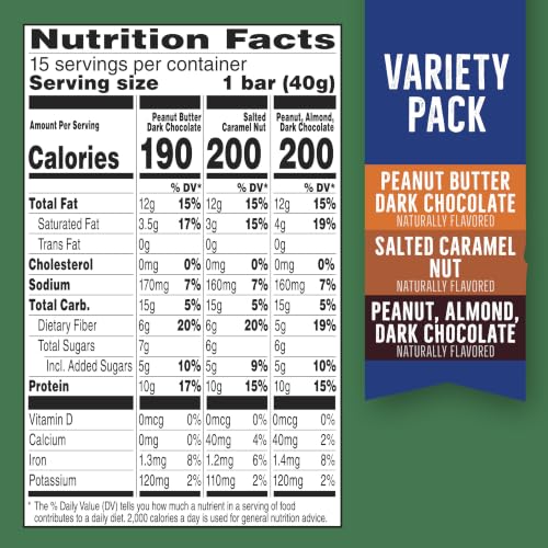Image of Nature Valley Protein Bars Variety Pack, Gluten Free Chewy Granola Snack Bars, 10g Protein, Peanut Butter Dark Chocolate, Salted Caramel Nut, Peanut Almond Dark Chocolate, 15 Count, 21.3 oz Box