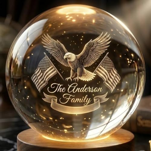Image of Personalized 250th Anniversary Crystal Ball Night Light, Custom 1776-2026 USA LED Lamp, Engraved Patriotic Gift, American Independence Decor Light for Home, Desk, Veterans Day, 4th of July