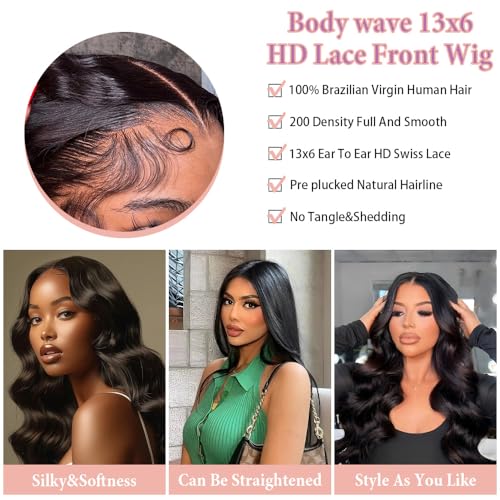annione 30 Inch 13x6 Lace Front Wigs Human Hair 200% Density Real Human Hair Wig Body Wave HD Lace Frontal Wigs Pre Plucked Transparent Lace Natural Black for Women - Image 5
