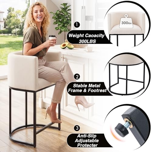 Image of HNY Cream Modern Barrel Counter Height Clearance Bar Stools Set of 4, 32 Inch Linen Kitchen Barstools with Back for Island, with Black Metal Tubular Frame
