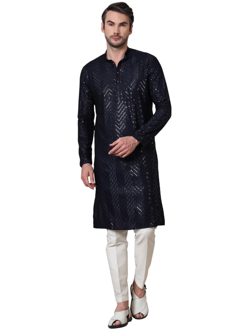 adhirajan Men's Sequince Embroidered Cotton Blend Kurta & Pyjama Set with Elegant Design | Stylish Comfortable Outfit for Weddings, Parties, Casual Outings, Traditional, Family Functions, Festivals-picture-28