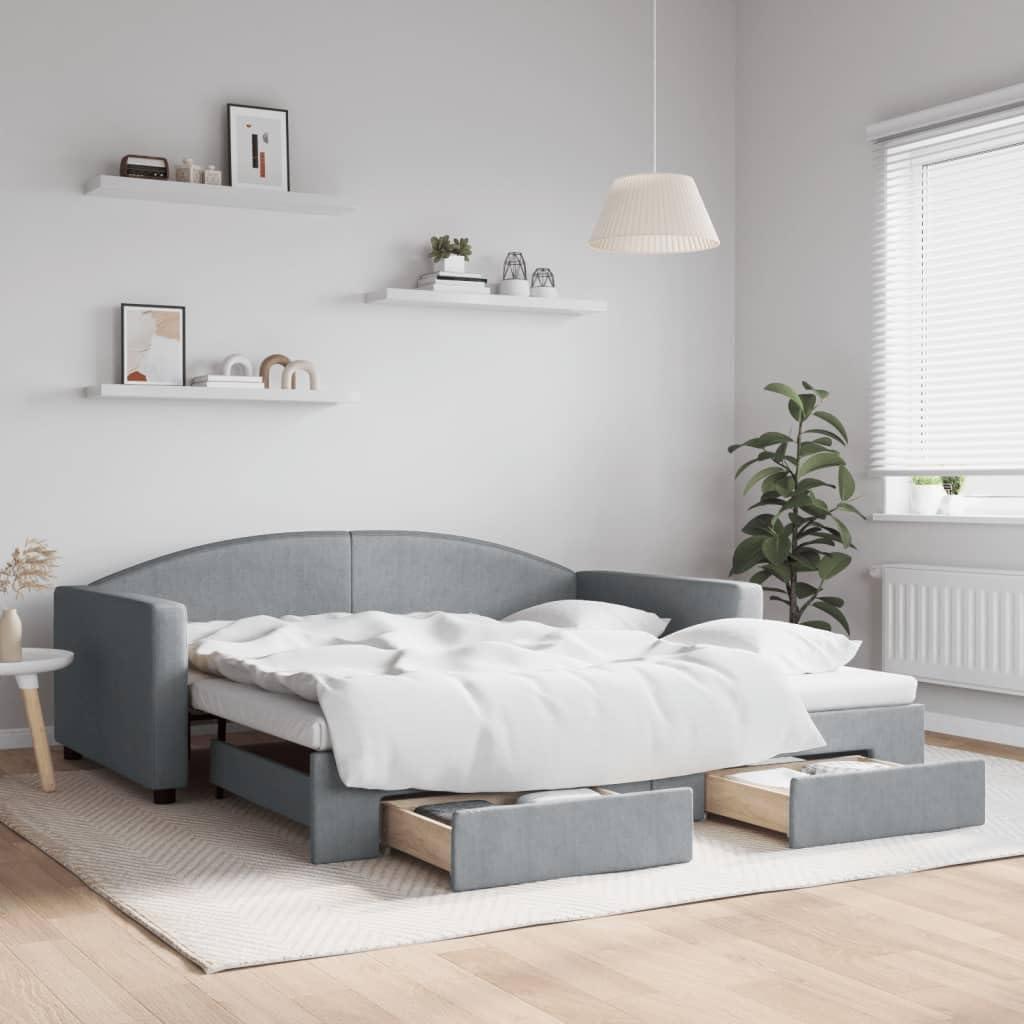 vidaXL Sofa rozsuwana z szufladami, jasnoszara, 100x190 cm, tkanina