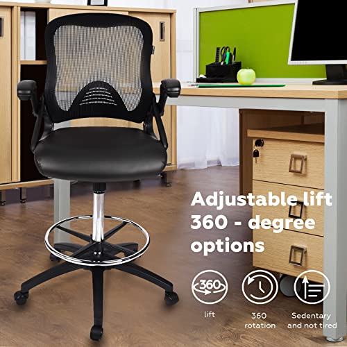 Elecwish Ergonomic Drafting Chair - Adjustable Height Tall Office Chair For Standing Desks With Flip-Up Arms Foot Rest Mesh Back Soft Pu Leather Seat, Reception Desk Chair In (Black) #TOP3