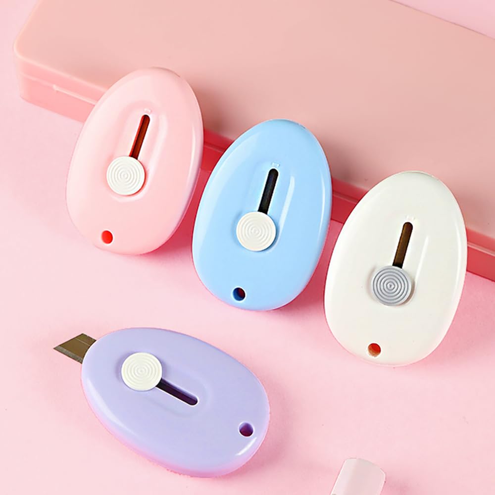 Sweet seven Blade Mini Box Cutter Set - Magnetic Keychain Utility Knife for Car, Office, Cardboard - Retractable, Safe, Cute Design - 4pcs (Pink White Purple Blue)