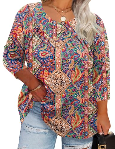 TFSDOD Womens Plus Size Tops 3/4 Length Sleeve Blouses Crew Neck Shirts Casual Loose Tunic Tops 1X-5X