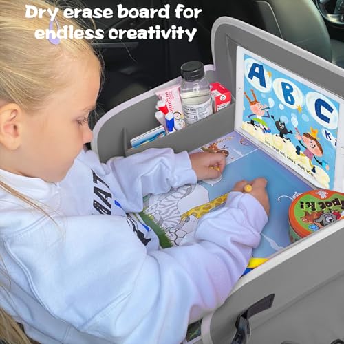 Image of MENZOKE Kids Travel Tray for Toddler Car Seat, Toddler Gift for Boy | Road Trip Essentials Accessories Lap Tray with Dry Erase Board, iPad Holder Stand & Cooler Cup Holder as Birthday Gift, Grey