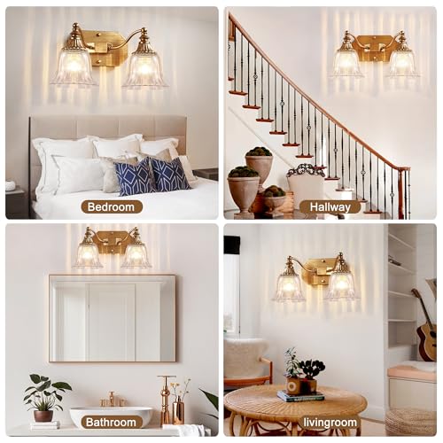 Image of Vintage 2-Light Brushed Gold Vanity Light, Crystal Glass Shade | Antique Gold Finish, Bathroom Lighting Fixtures Over Mirror, Wall Sconce Lighting for Bedroom, Living Room