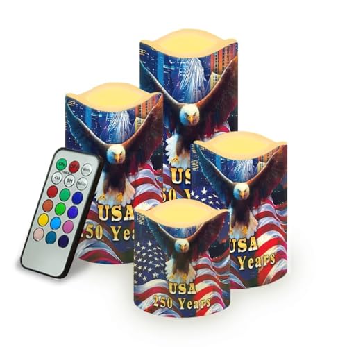 Image of American Flag Fake Candles Bald Eagle Fourth of July LED Candle Battery Operated Flickering Remote 250th Anniversary Patriotic Decor for Bedroom Wedding Restaurant, 4 Pack