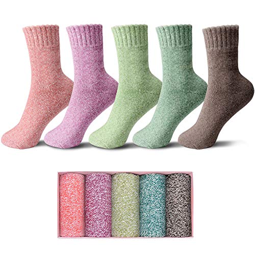 Womens Wool Socks 5 Pack Thick Knit Vintage Winter Warm Cozy Crew Socks Gifts Multicolor With Box (Multicolor-C)