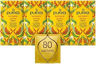 Pukka Herbs, Turmeric Active Organic Herbal Tea, Ginger, Turmeric, Nettle and Orange, Perfect For Staying Active, 4 packs, 80 Sachets