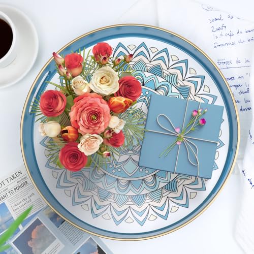 SforGUVA Round Cyan Decorative Tray for Coffee Table, Ottoman, 13” Plastic Serving Platter Tray with Handles for Entertaining, Living Room - Image 6