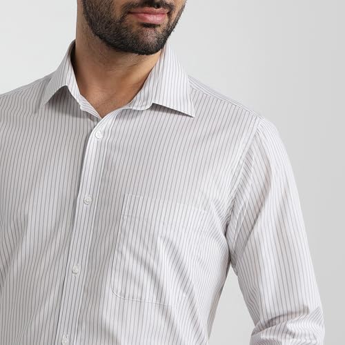 Image of Raymond Men Slim Fit Stripe Pattern Pure Cotton Semi Cutaway Collar Full Sleeve Formal Shirt