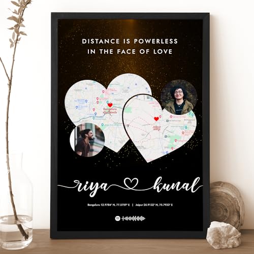 Image of Ritwika's Personalized Picture Frame With Long Distance Map - With Your Photo, Name, Message, Place And Song | For Couples and Friends | In Two Size 9.5 x 13.5 and 13.5 x 19.5 Inch, Set of 1