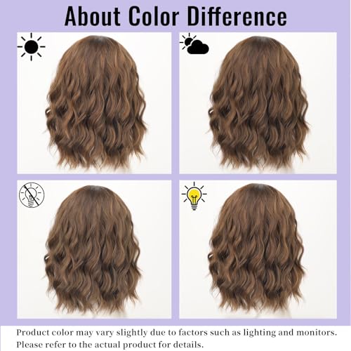 Image of AISI HAIR Synthetic Wavy Curly Bob Wig with Bangs Brown Highlight Short Hair for Women Synthetic Heat Resistant Bob Wigs