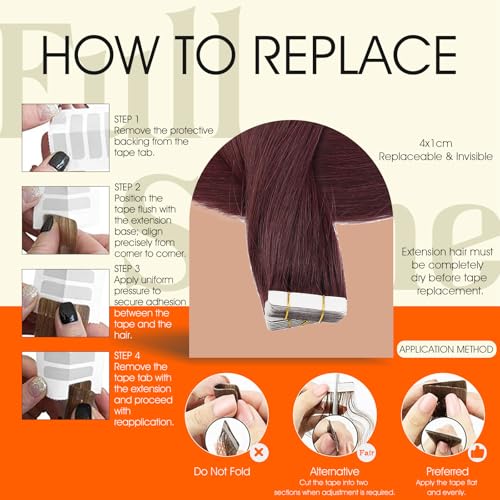 Image of Full Shine Tape in Hair Extensions Real Human Hair Color 99J Tape in Extensions Seamless Invisible Skin Weft 24Inch Long Straight Extension Soft Silky for Daily Office Look 100G 40Pcs