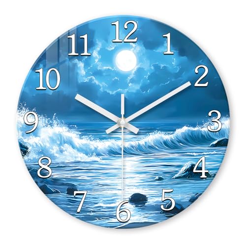 Image of XFM Large Blue Moon Wall Clock 20 Inch Beach Theme | Silent Non Ticking Ocean Wave Round Analog Modern Nature Decorative for Living Room Kitchen Bedroom Decor