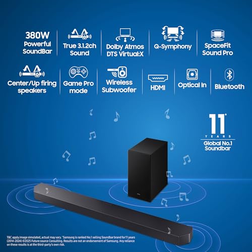 Image of Samsung 380 W True 3.1.2ch Soundbar with Dolby Audio | DTS Virtual:X | Q-Symphony | Center, Up-firing Speakers | HDMI ARC | Optical In | Bluetooth | USB | Wireless Subwoofer (HW-Q600F /XL, Titan Black)