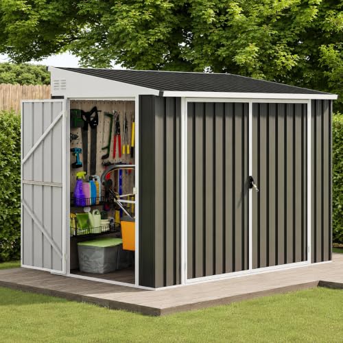 Image of DWVO 7x4ft Outdoor Storage Shed with 3 Lockable Doors | Weatherproof Metal Bike Shed, Garden Storage Solution for Lawn Equipment, Tools, Waste Bin, Dark Gray