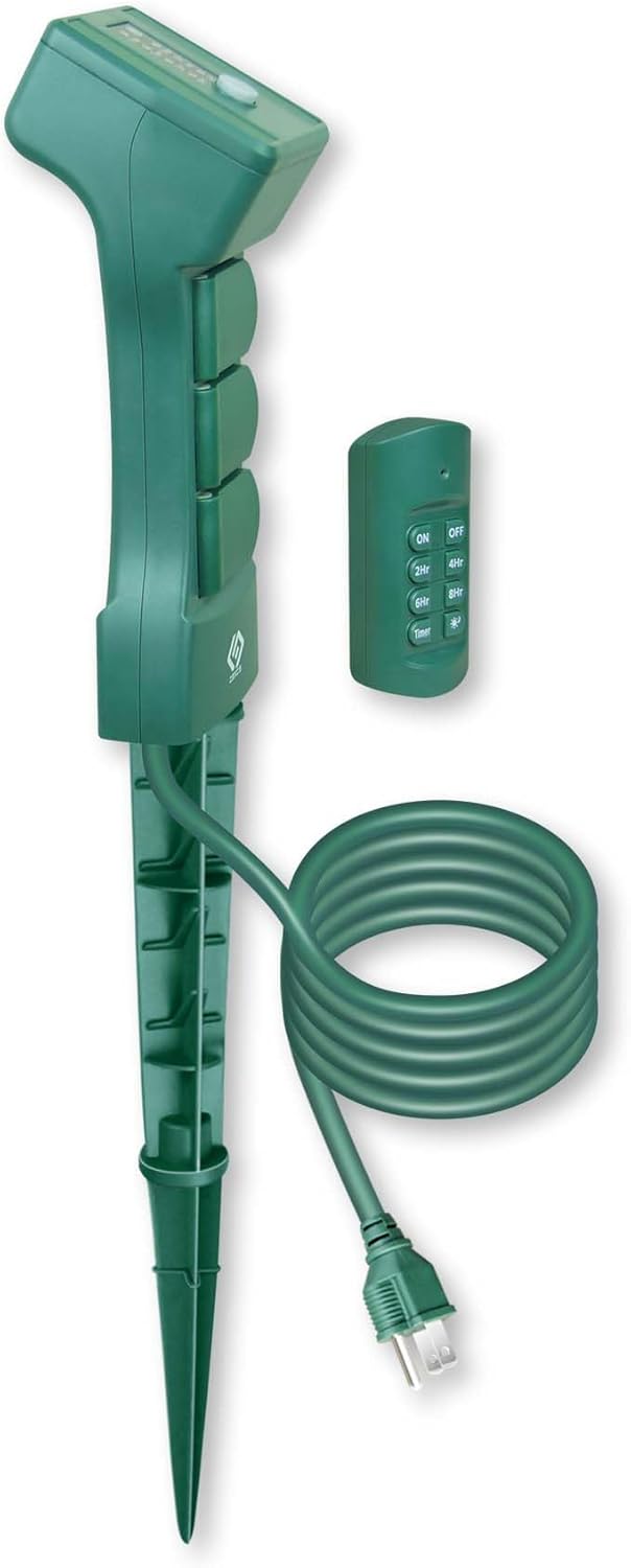 Outdoor Remote Control Power Stake with Photocell Timer 2/4/6/8 Hour Countdown, Dusk to Dawn, 3 Grounded Outlets 6FT Cord, UL Listed, Green
