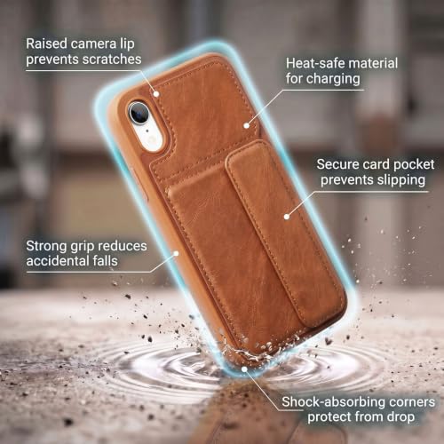 Image of amazon basics Luxury Vegan Leather Back Cover for iPhone XR | Built-in Card Holder Slot | Integrated Mobile Stand | Slim Shockproof Protective Case with Stitched Finish - Tan