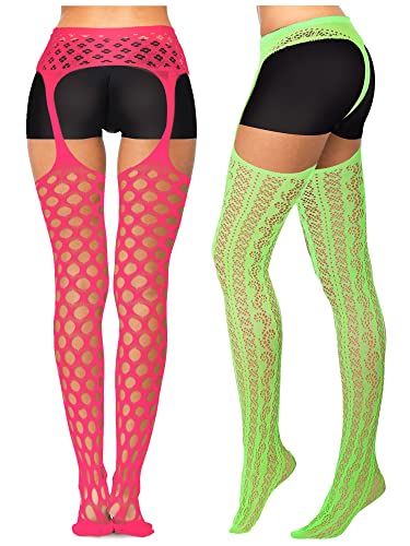 6 Pairs Women Fishnet Thigh High Stockings Garter Belts and Suspender Pantyhose Stockings for Halloween (Classic, White, Grey, Light Blue, Carmine, Fluorescent Green, Black,X-Large-XX-Large)4