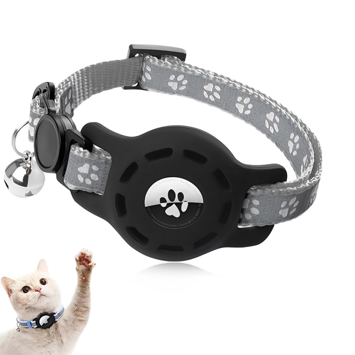 1 Reflective Cat Collar Lightweight GPS Cat Tracker Personalized Quick Release Adjustable Bell for Cats and Kittens Grey
