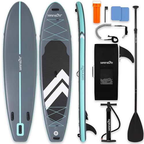 Image of SereneLife 10'6 inch Inflatable Stand Up Paddle Board with Premium SUP Accessories - 32 inch Wide Stable Design with Non-Slip EVA Deck Pad, for Youth and Adults, 350 lbs. Capacity